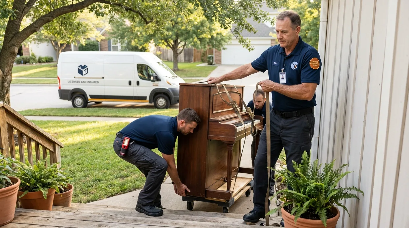 Licensed piano movers securing grand piano in Nesconset, NY