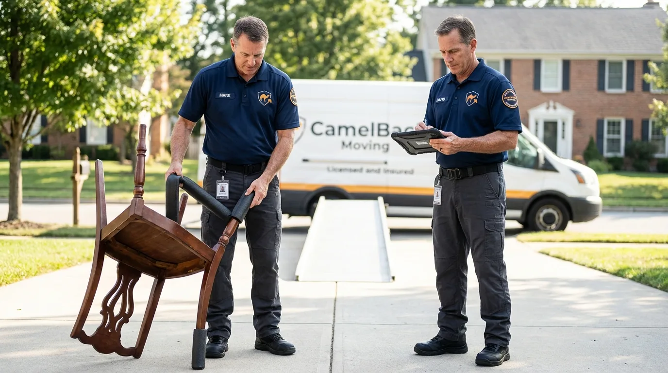 Movers inspecting furniture for damage prevention before loading in Nesconset, NY