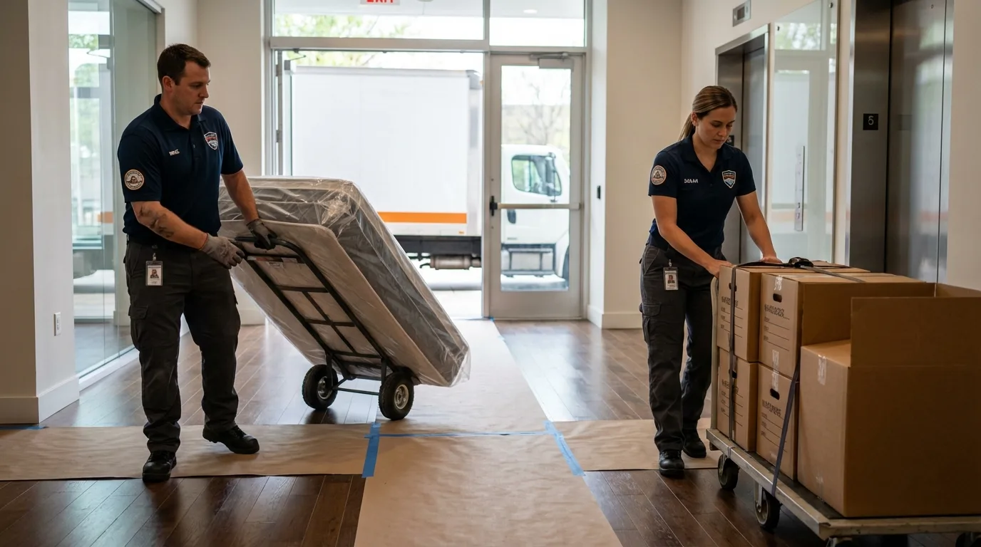 Professional apartment movers loading elevator in Nesconset, NY